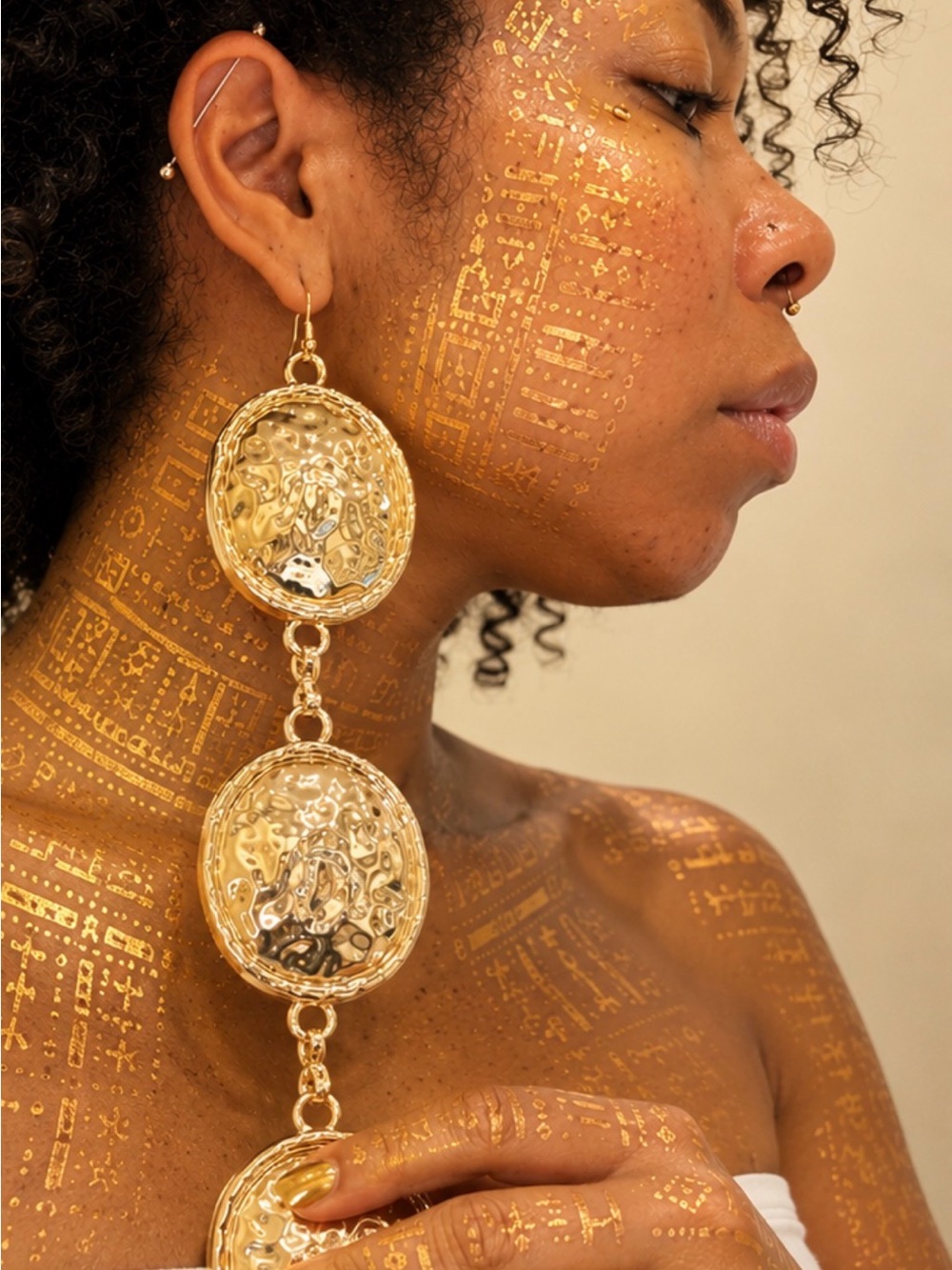 Triple Disc Hammered Gold Drop Earrings